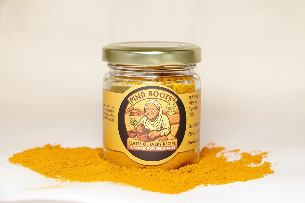 Pind Roots turmeric powder and jar